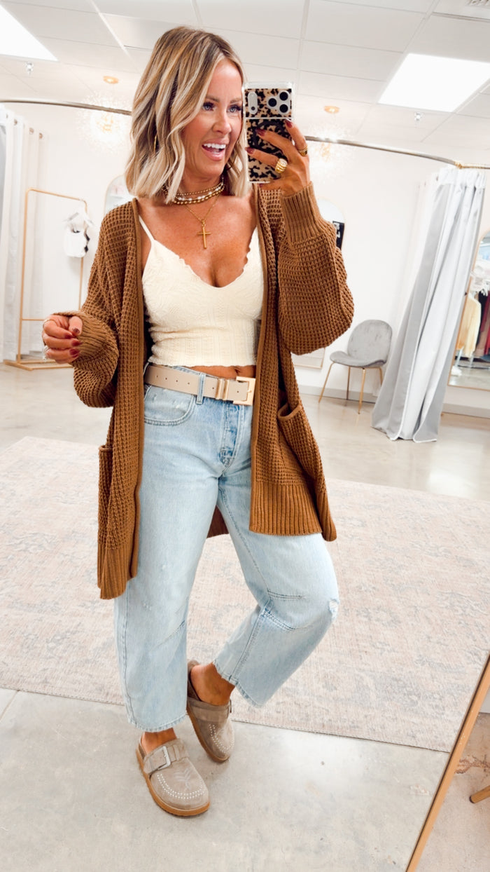 - FINAL SALE- Deep Camel Waffle Weave Cardigan