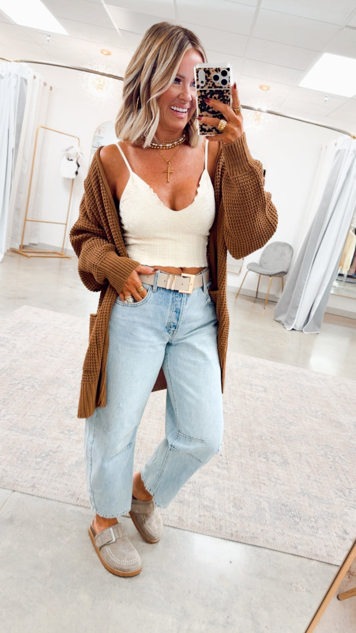 - FINAL SALE- Deep Camel Waffle Weave Cardigan