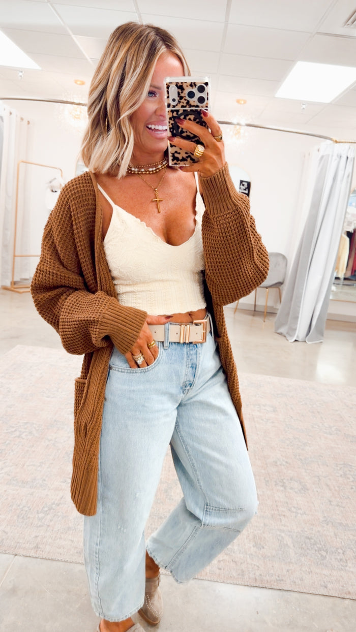 - FINAL SALE- Deep Camel Waffle Weave Cardigan