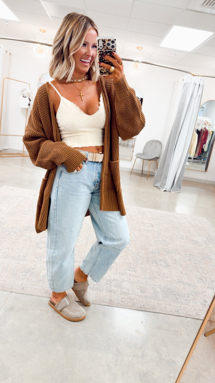 - FINAL SALE- Deep Camel Waffle Weave Cardigan
