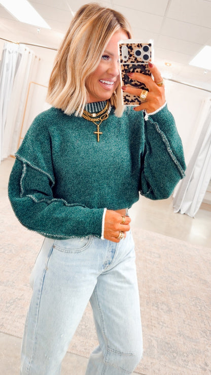 - FINAL SALE- Waverly Exposed Seam Sweater-Hunter Green
