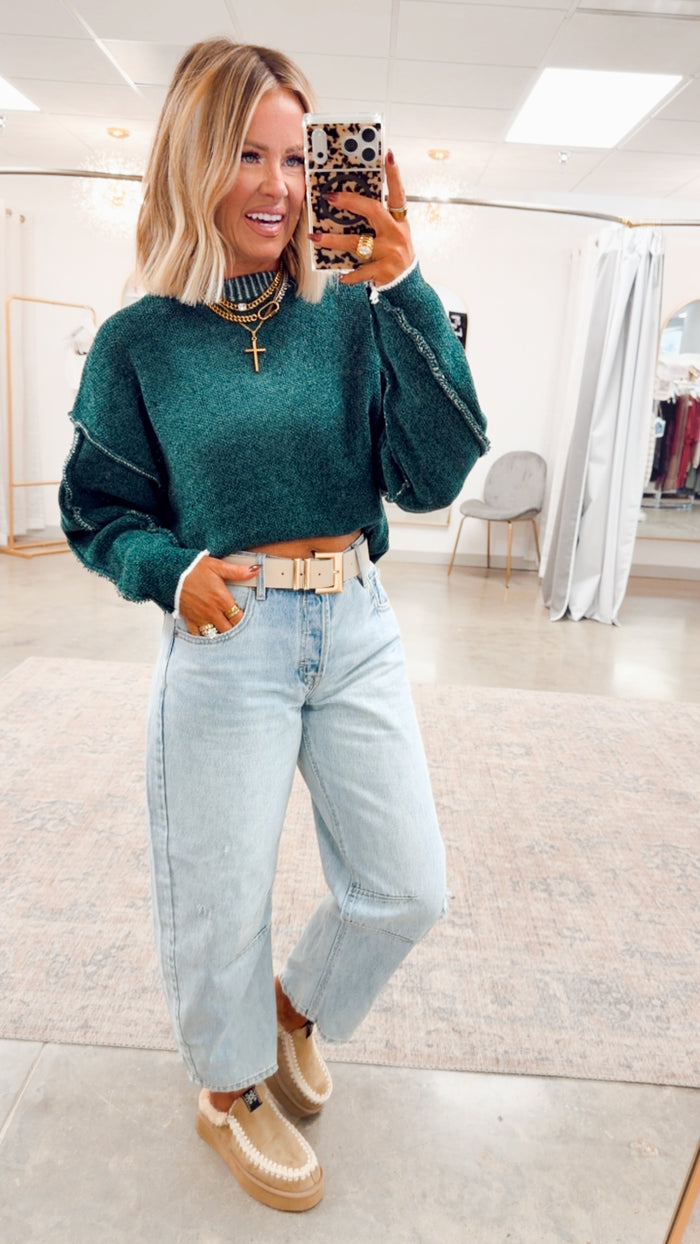 - FINAL SALE- Waverly Exposed Seam Sweater-Hunter Green