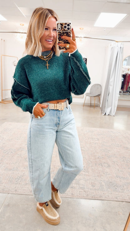- FINAL SALE- Waverly Exposed Seam Sweater-Hunter Green
