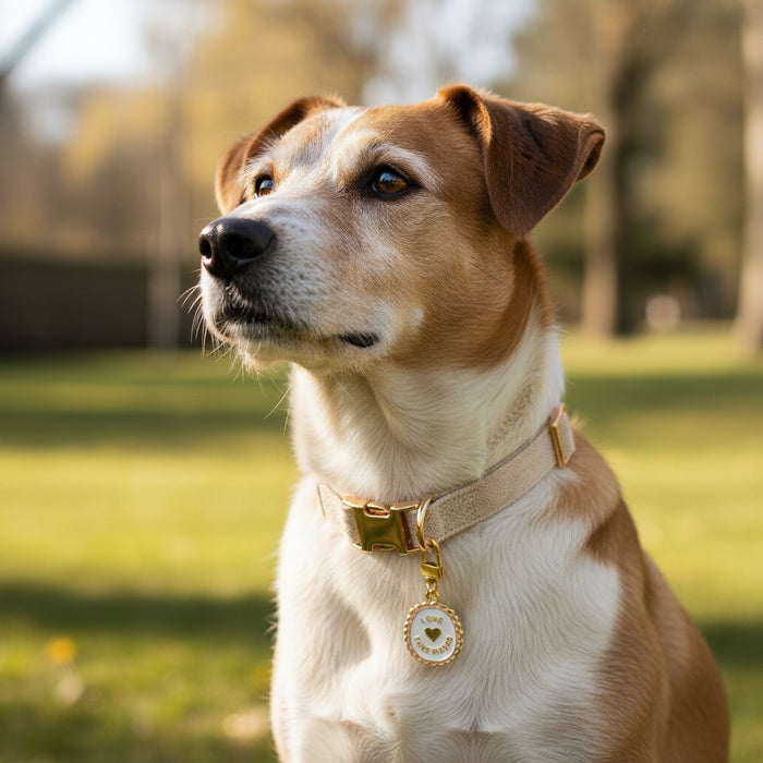 A brown and white dog wearing The Darling Effect’s Free Kisses Pawfect Collar Charm sits on green grass in a sunlit park, showcasing stylish pet accessories with trees in the background for a peaceful outdoor vibe.