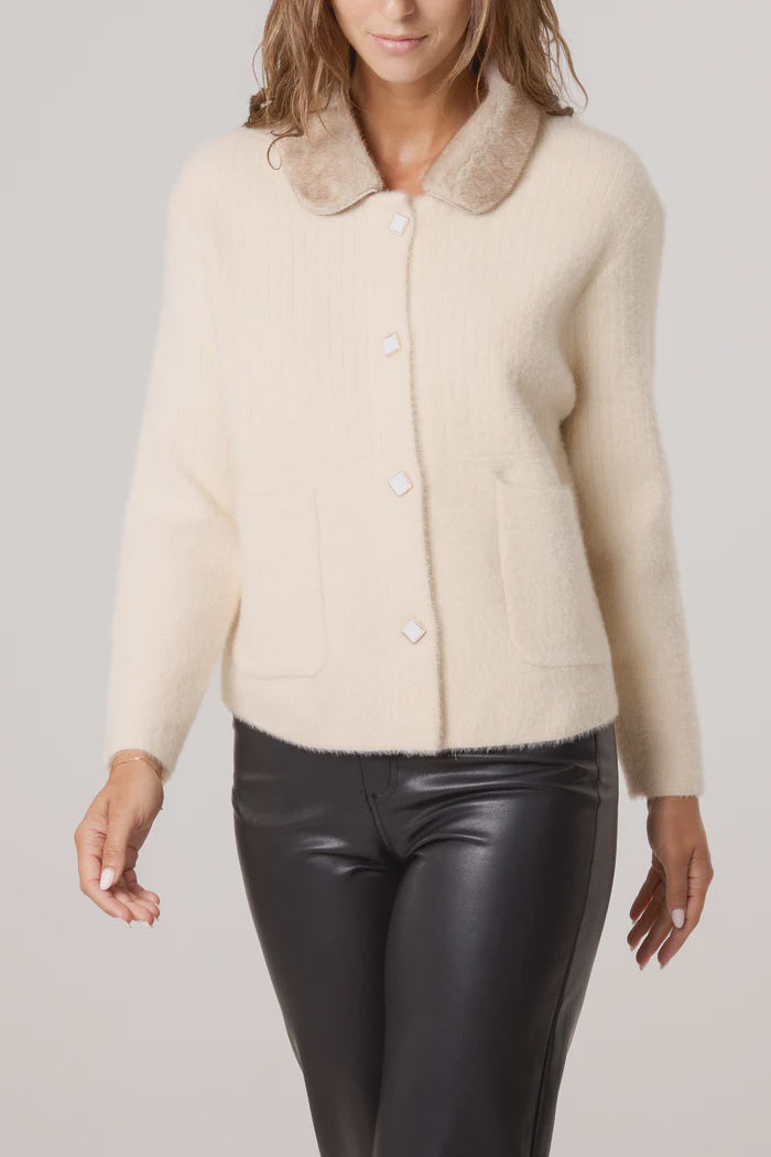 Fur Collar Detail Knit Cardigan - Beige