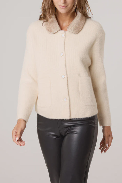 Fur Collar Detail Knit Cardigan - Beige