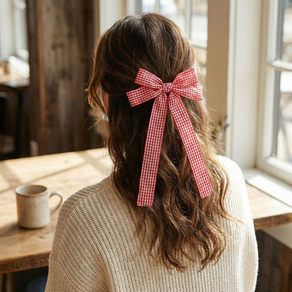 A person with wavy brown hair sits at a wooden table by a window, wearing a cream sweater and the Gingham Red Double Take Hair Bow from The Darling Effect. A beige mug in front of them adds to the cozy vibe of their chic hair accessory.