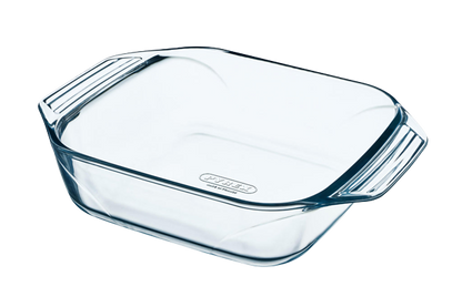 Square glass baking dish with large handles for easy handling.