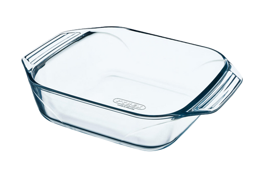 Square glass baking dish with large handles for easy handling.