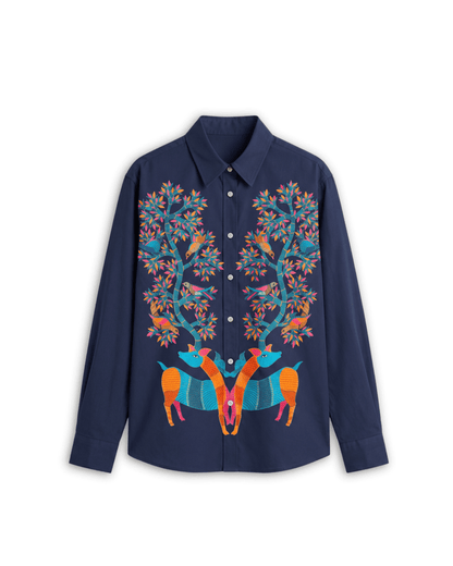Naymish Giza Cotton Women Shirt — Gond Blue Tree — Blue - Naymish Designs