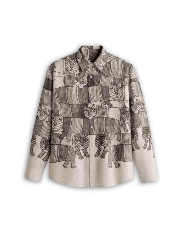 Gond Forest shirt for men in off white Giza cotton, front view, with black Gond art animal motifs