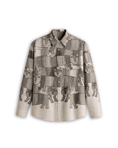 Gond Forest shirt for men in off white Giza cotton, front view, with black Gond art animal motifs
