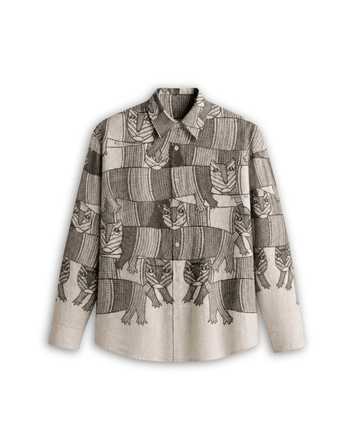 Gond Forest shirt for men in off white Giza cotton, front view, with black Gond art animal motifs