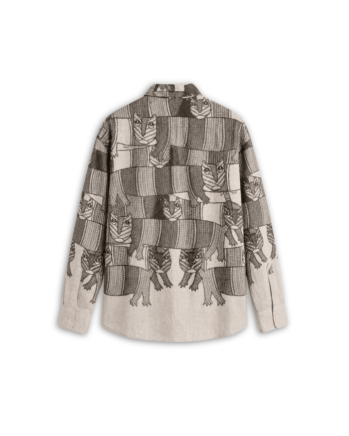 Gond Forest shirt for men in off white Giza cotton, back view, with black Gond art animal motifs