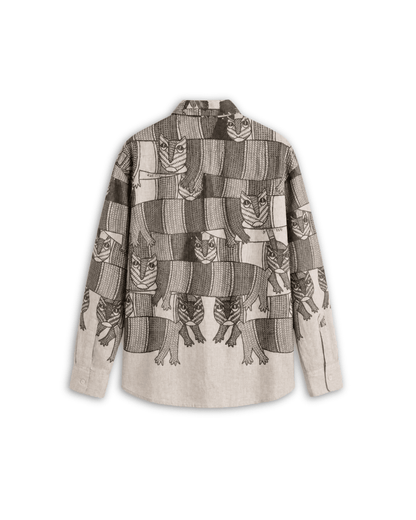 Gond Forest shirt for men in off white Giza cotton, back view, with black Gond art animal motifs