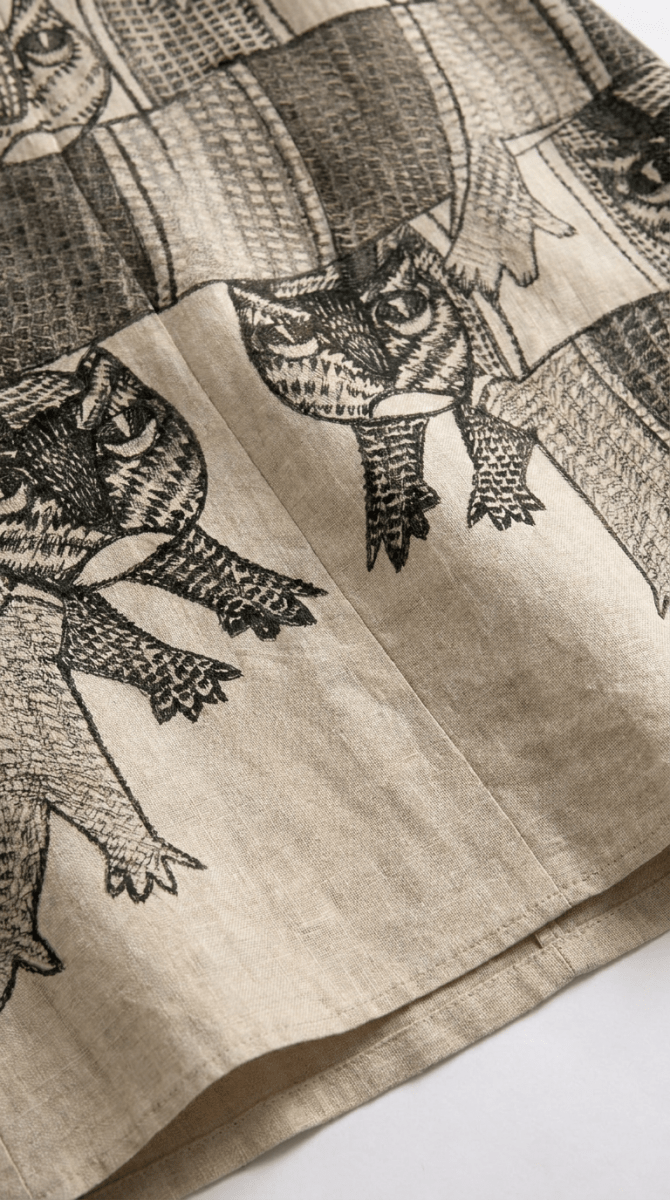 Close view of the Gond Forest shirt hem showing the Gond art animal motifs