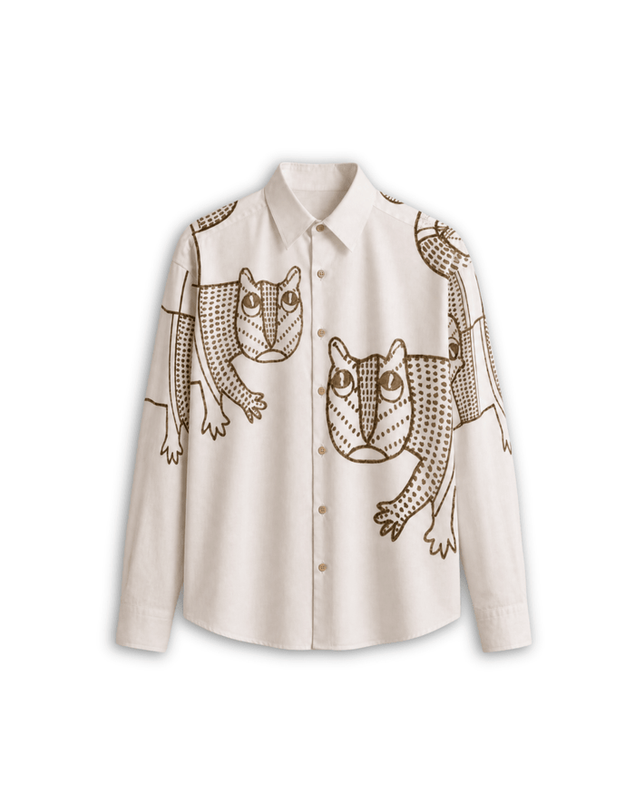 Gond Tiger shirt for women in off white Giza cotton, flat front view with brown Gond art tiger motifs
