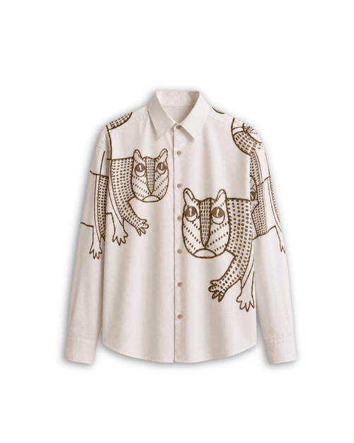 Gond Tiger shirt for women in off white Giza cotton, flat front view with brown Gond art tiger motifs