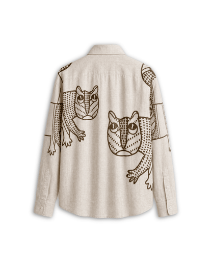 Gond Tiger shirt for women in off white Giza cotton, flat back view with brown Gond art tiger motifs