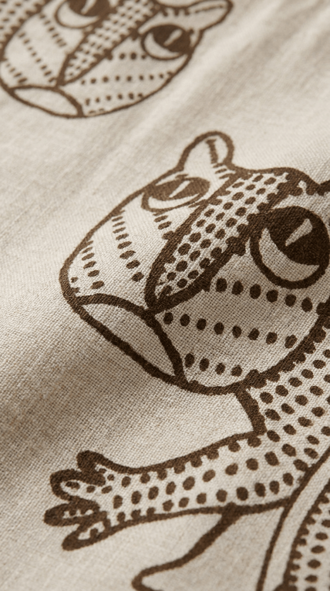 Close view of the Gond art tiger motif with dotted patterning on the Gond Tiger shirt fabric