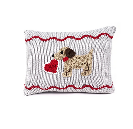 Grey handknit mini baby Puppy Pillow with Valentine's Heart, Fair Trade