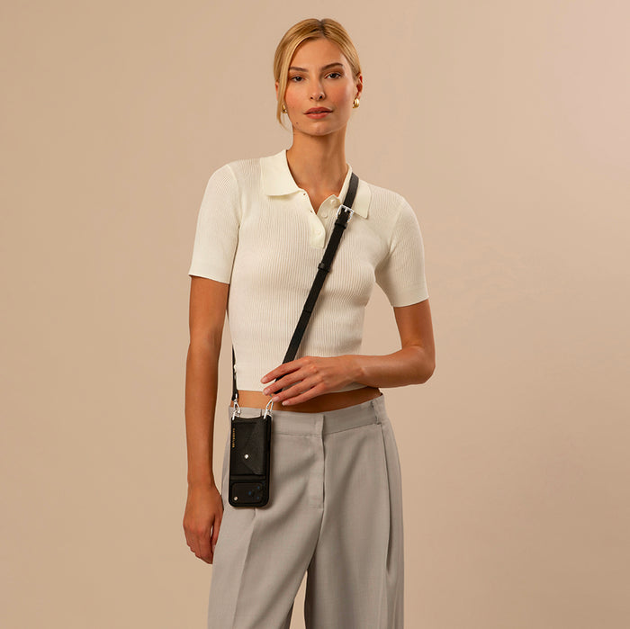 Hailey Side Slot Leather Crossbody Bandolier - Black/Silver
