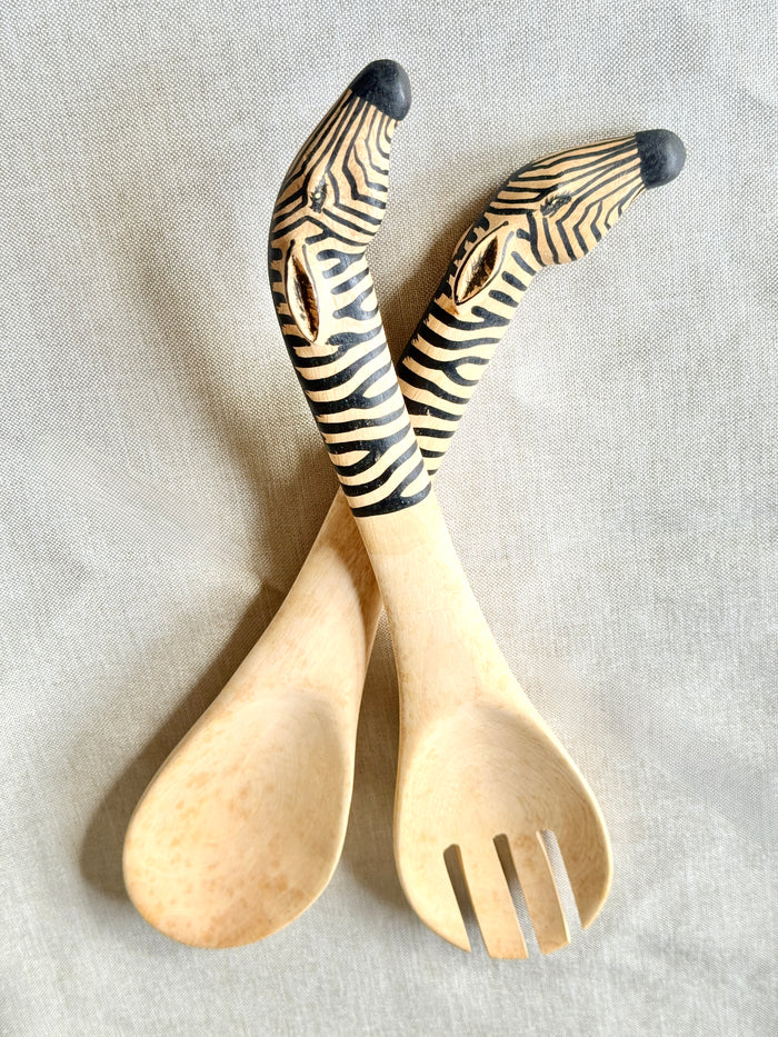 Hand Carved Wooden Zebra Salad Servers- Fair Trade, Africa