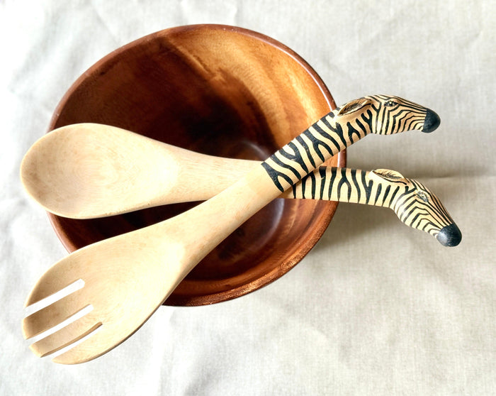 Hand Carved Wooden Zebra Salad Servers- Fair Trade, Africa