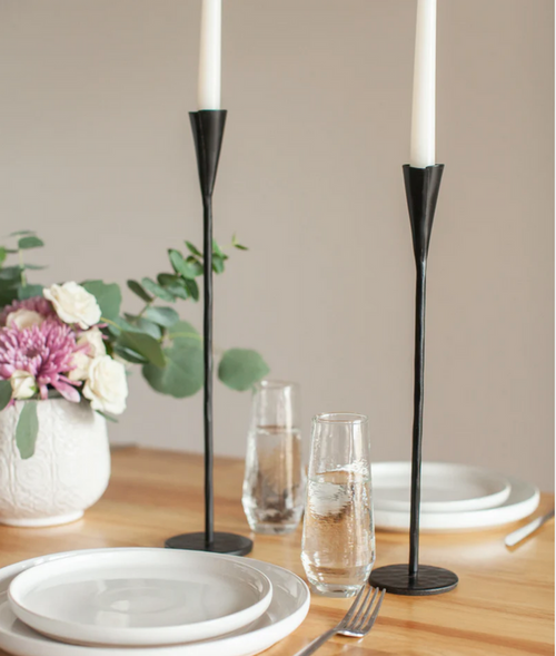 Hand-Forged Tall Iron Candle Sticks - Set of 2, Black or Brass, Fair Trade from India