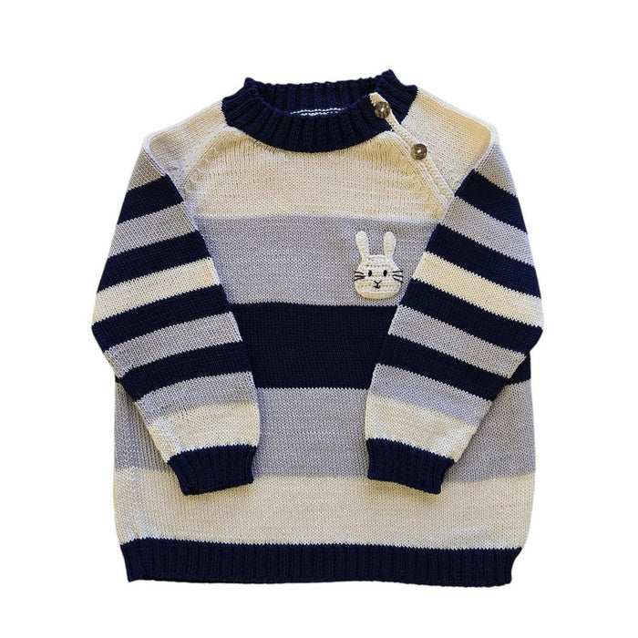 Hand-Knit Bunny Sweater for Baby & Toddlers, Blue, Grey and White Striped, Fair Trade from Armenia