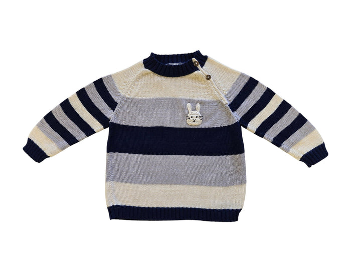 Hand-Knit Bunny Sweater for Baby & Toddlers, Blue, Grey and White Striped, Fair Trade from Armenia