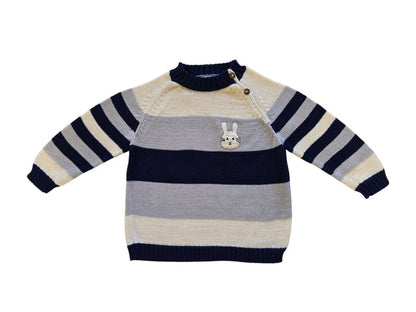 Hand-Knit Bunny Sweater for Baby & Toddlers, Blue, Grey and White Striped, Fair Trade from Armenia