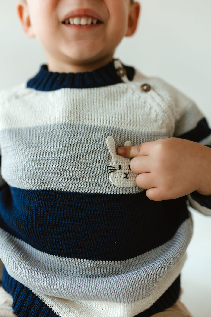Hand-Knit Bunny Sweater for Baby & Toddlers, Blue, Grey and White Striped, Fair Trade from Armenia