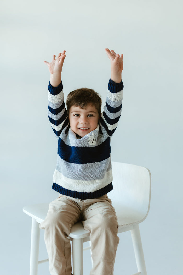 Hand-Knit Bunny Sweater for Baby & Toddlers, Blue, Grey and White Striped, Fair Trade from Armenia