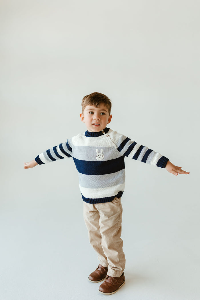 Hand-Knit Bunny Sweater for Baby & Toddlers, Blue, Grey and White Striped, Fair Trade from Armenia