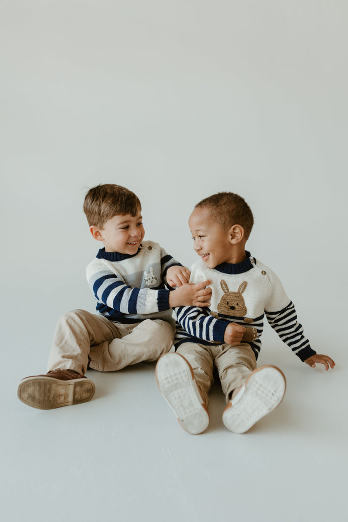 Hand-Knit Bunny Sweater for Baby & Toddlers, Blue, Grey and White Striped, Fair Trade from Armenia