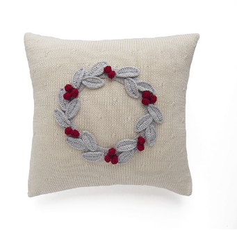 Hand Knit Christmas Pillow with Grey Wreath & Red Berries, Fair Trade - Give Back Goods