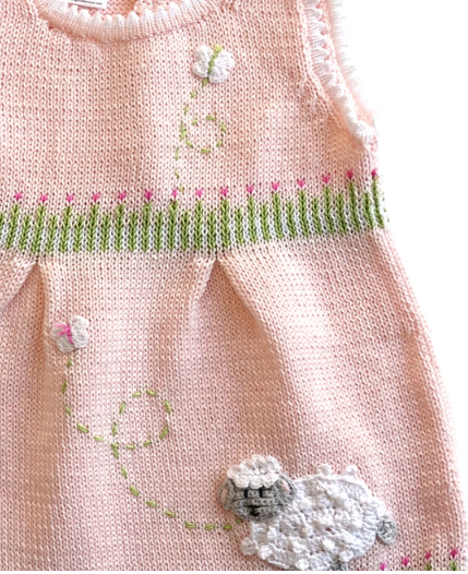Hand Knit Pink Easter Dress With a Baby Lamb, Fair Trade