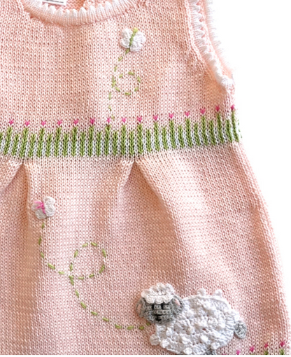 Hand Knit Pink Easter Dress With a Baby Lamb, Fair Trade