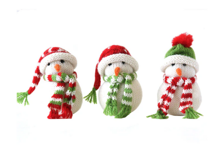 Hand-Knit set of 3 Snowman Ornaments, Fair Trade from Peru
