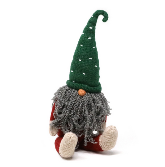 Hand Knit Sitting Christmas Gnome, 15" with Grey Beard, Fair Trade, Peru