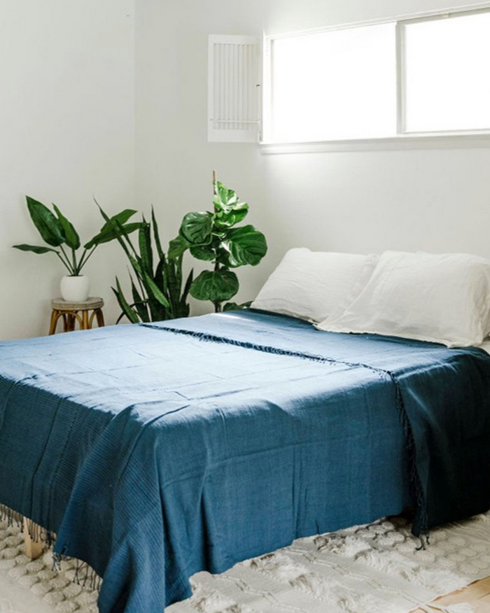 Hand Woven Ethiopian Cotton Lightweight Queen Blanket, Navy,- Eco-Friendly, Fair Trade