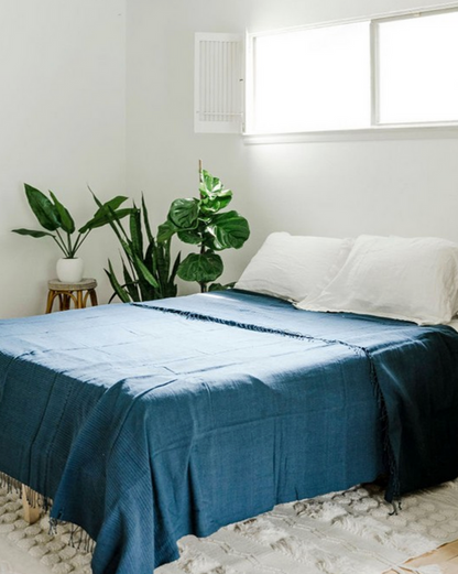 Hand Woven Ethiopian Cotton Lightweight Queen Blanket, Navy,- Eco-Friendly, Fair Trade