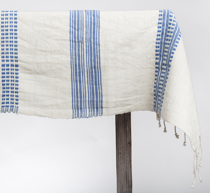 Hand woven Striped Ethiopian Cotton Tablecloth, Blue or Grey- 96x54, 50x50 - Eco-Friendly, Fair Trade