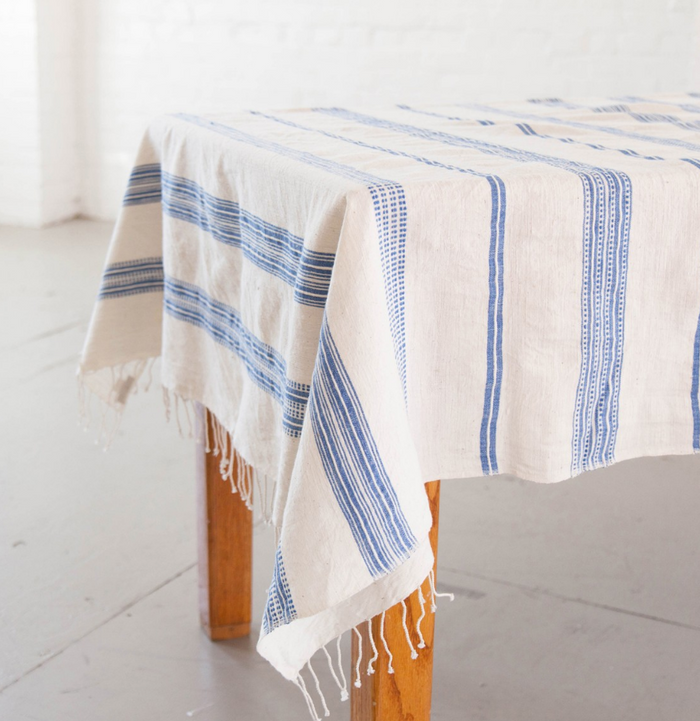 Hand woven Striped Ethiopian Cotton Tablecloth, Blue or Grey- 96x54, 50x50 - Eco-Friendly, Fair Trade