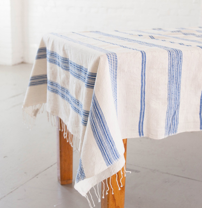 Hand woven Striped Ethiopian Cotton Tablecloth, Blue or Grey- 96x54, 50x50 - Eco-Friendly, Fair Trade