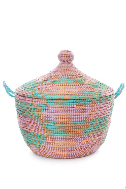Handwoven Aqua & Pink Herringbone Tribal Basket, Fair Trade, Senegal