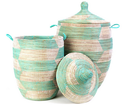 Handwoven Hamper Storage Basket, Aqua & White, Fair Trade, Eco-Friendly - Give Back Goods