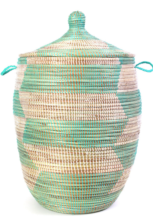 Handwoven Hamper Storage Basket, Aqua & White, Fair Trade, Eco-Friendly - Give Back Goods