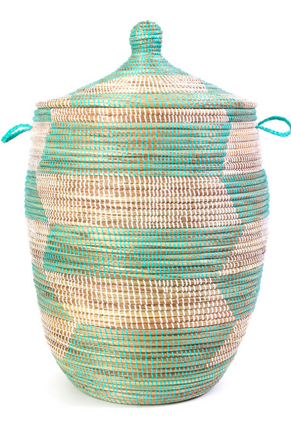 Handwoven Hamper Storage Basket, Aqua & White, Fair Trade, Eco-Friendly - Give Back Goods